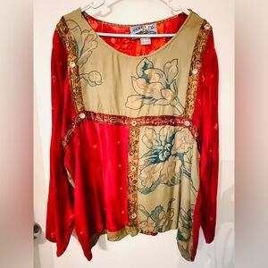Tienda Ho Elegant Red and Green Floral Blouse with mirrors